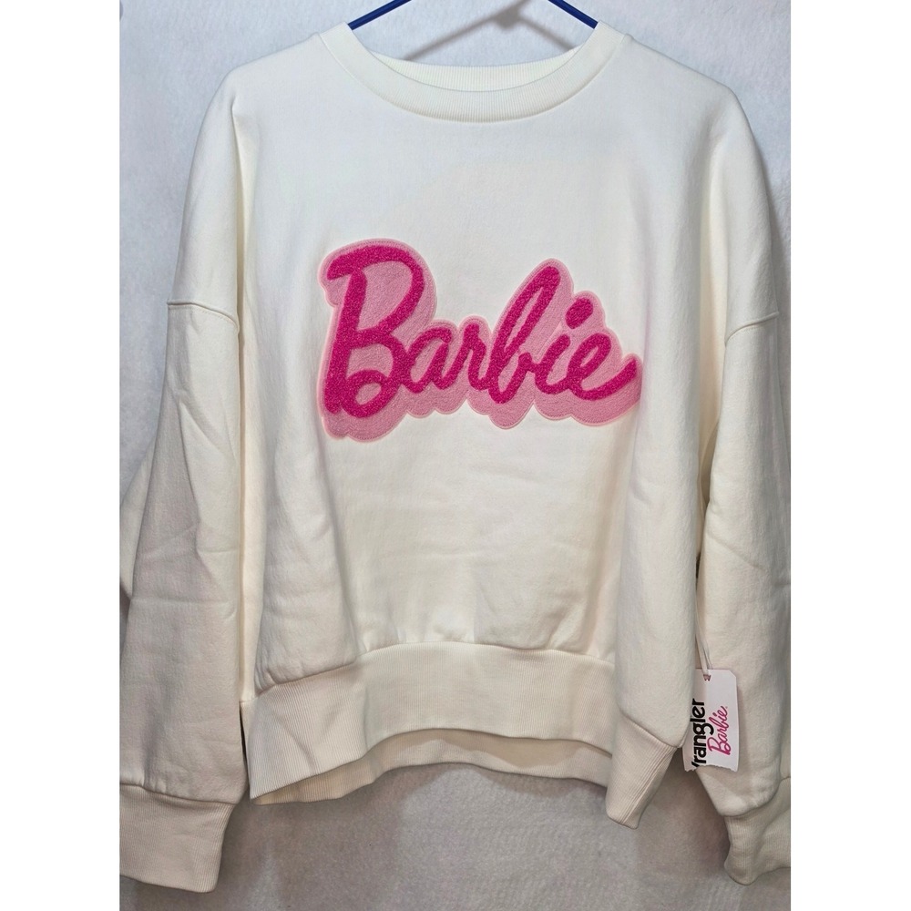 Wrangler x Barbie Women White Chenille Logo Fleece Sweatshirt Small New NWT